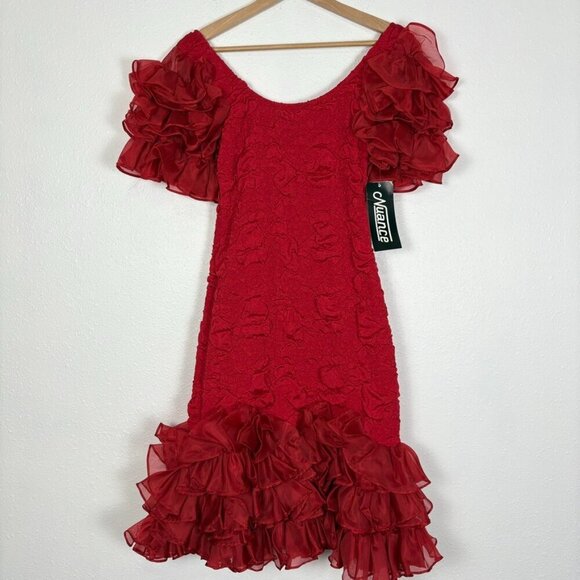 Vintage NWT Deadstock Red 80's Ruffle Sleeve Bodycon Mini Dress Size: 13 - Picture 2 of 10